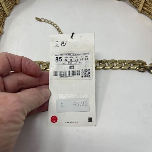 ZARA ~ Weaved Chain Link & Rhinestone Belt In Gold Plate ~ Size 32 - Picture 4 of 7